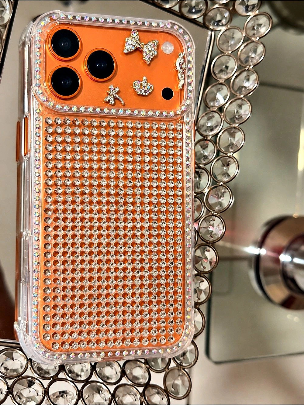 Rhinestone Phone Case in Orange & Silver Like New